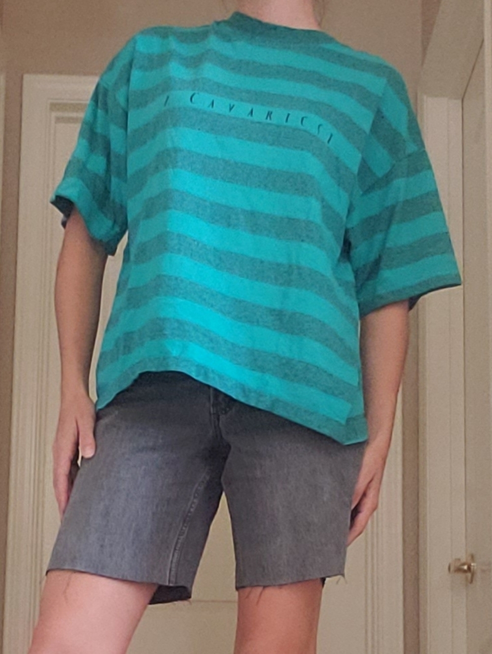 Z. CAVARICCI Vintage Made in USA Teal/Turquoise Striped Small Boxy Oversized Tee